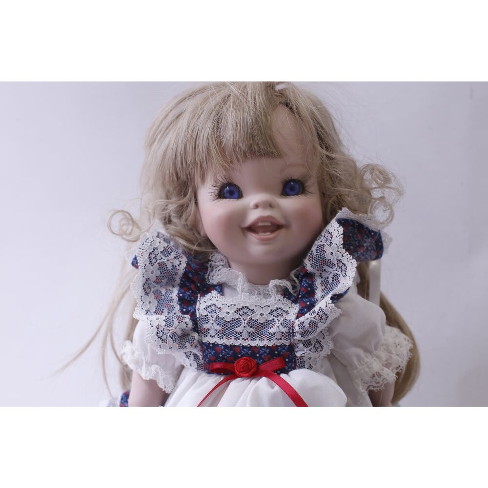 Vintage Porcelain Doll in White Blue Floral Dress, Smiling, Poseable, Art Doll,